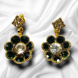 Vintage 1980's Crystal Flower Petite Dangle Earrings Pierced Runway Couture